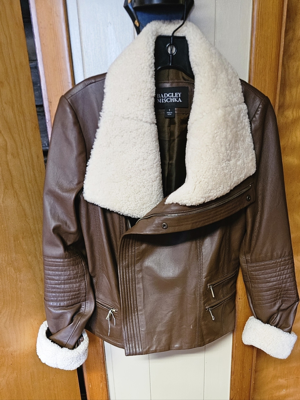 Badgley Mischka Brown Leather Jacket with Cream Shearling Trim